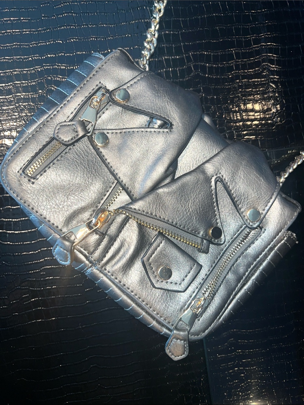 Unicorn Find! ✨ Silver Metallic Moto Biker Jacket Statement Crossbody Bag 🎒